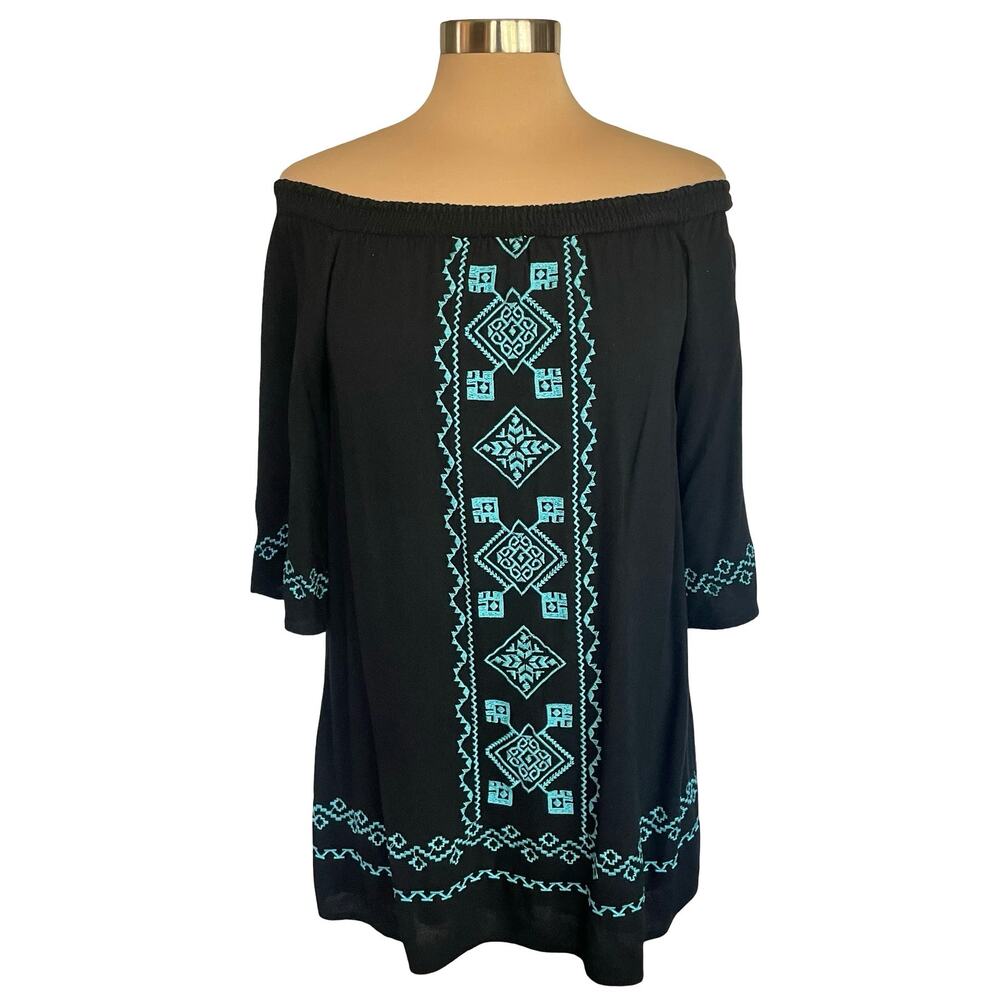 Flying Tomato Black Aqua Embroidered Off-Shoulder Mini Dress/Tunic SMALL Boho